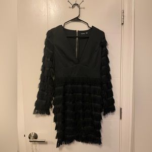 Black boohoo deep v fringe dress